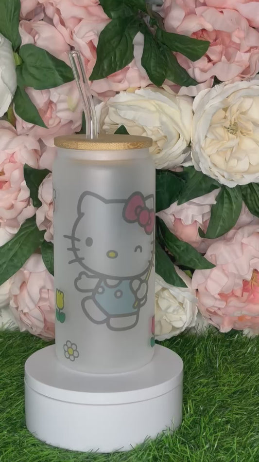 Hello Kitty Flowers Frosted Glass Cup