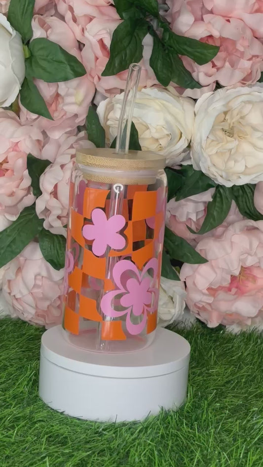 Orange Retro Flowers Glass Cup